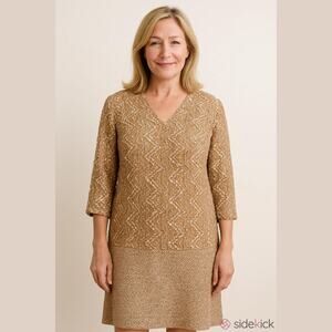 Vintage 80s Siasia New York Champagne Gold Dress Lace Sequin Dress Women Sz 10